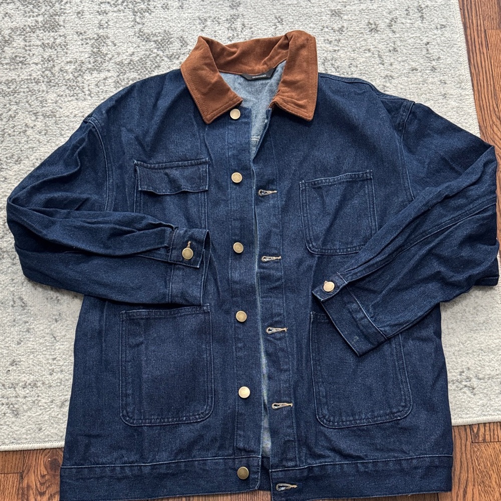 Cotton Denim Jacket with Brown Collar